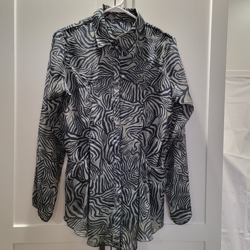 Tunic Button Down Shirt Blouse Jacket Beach Coverup Resort Stripped Gray Medium
